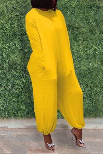 Yellow Casual Solid Patchwork O Neck Straight Jumpsuits