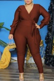 Paarsrood Casual Solid Bandage Patchwork Vouw V-hals Plus Size Jumpsuits