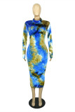 Gelb und Blau Fashion Casual Print Tie Dye Basic O Neck Langarm Kleider in Übergröße