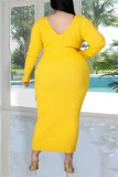 アーミーグリーンファッションカジュアルソリッドベーシックVネック長袖プラスサイズのドレス