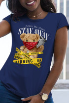 Marineblauwe T-shirts met schattige patchwork-print en O-hals