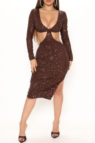 Brown Fashion Sexy Solid Hollowed Out Sequins Slit V Neck Long Sleeve Dresses
