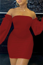 Rode mode sexy effen patchwork backless strapless jurken met lange mouwen