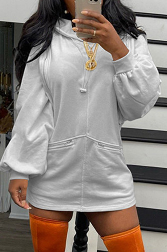 Grey Fashion Casual Solid Split Joint Zipper Hooded Collar Long Sleeve Dresses