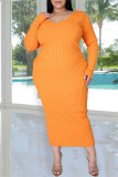 Бордовые модные повседневные однотонные базовые платья больших размеров с V-образным вырезом и длинным рукавом