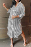 Серые повседневные платья-рубашки с отложным воротником и пряжкой в ​​стиле пэчворк с принтом в полоску