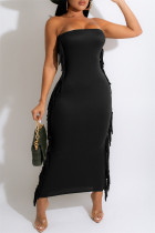 ブラック ファッション セクシーなソリッド タッセル パッチワーク バックレス ストラップレス ロング ドレス