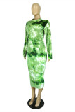 Groene Mode Casual Print Tie Dye Basic O-hals Lange mouw Grote maten jurken