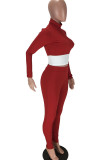 Purplish Red Sexy Solid Patchwork Turtleneck Long Sleeve Two Pieces