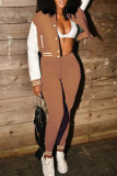 Brown Fashion Casual Patchwork Cardigan Pantalon Manches Longues Deux Pièces