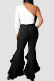 Black Fashion Casual Solid Patchwork High Waist Regular Denim Jeans