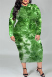 Green Fashion Casual Print Tie Dye Basic O Neck Long Sleeve Plus Size Dresses
