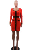 Tangerine Red Casual Solid Patchwork Buttons U Neck One Step Skirt Dresses