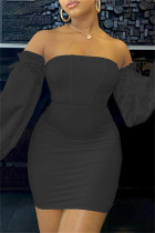 Zwarte mode Sexy effen patchwork backless strapless jurken met lange mouwen