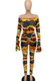 Colour Sexy Print Tie Dye Patchwork Off the Shoulder Long Sleeve Two Pieces