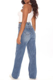 Blue Fashion Casual Solid Basic High Waist Regular Denim Jeans