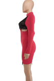 Patchwork sexy de mode rouge évidé robes asymétriques à manches longues à col rond