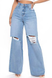 Синие модные повседневные однотонные базовые джинсы из обычного денима с высокой талией