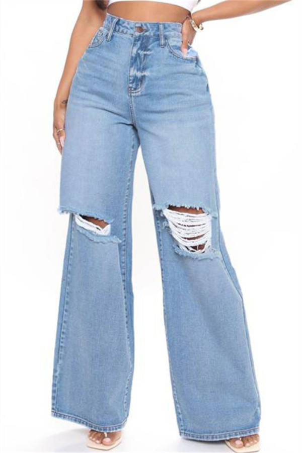 Синие модные повседневные однотонные базовые джинсы из обычного денима с высокой талией
