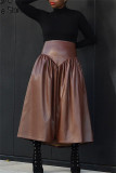 Deep Coffee Fashion Casual Solid Basic Regular High Waist Skirt