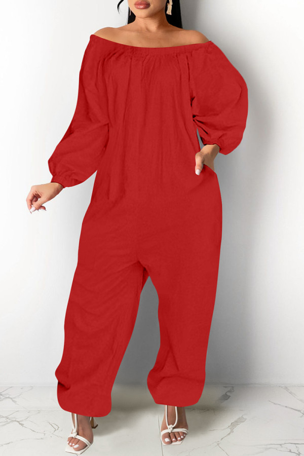赤 ファッション カジュアル ソリッド ベーシック オフショルダー プラスサイズ ジャンプスーツ (ポケットなし)