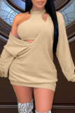 Khaki Sexy Hollowed Out O Neck Long Sleeve Two Pieces