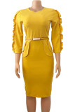 Patchwork sólido casual amarelo moda com cinto e vestidos com decote em O