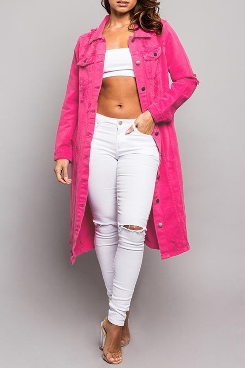 

Pink Fashion Casual Solid Ripped Buckle Turndown Collar Long Sleeve Regular Denim Jacket