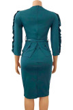 Green Fashion Casual Solid Patchwork With Belt O Neck Dresses