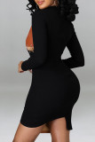 Schwarze Mode Sexy Patchwork ausgehöhlte asymmetrische O-Ausschnitt Langarm-Kleider