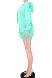 ターコイズ カジュアル プリント パッチワーク フード付きカラー長袖ドレス
