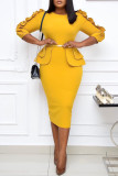 Yellow Fashion Casual Solid Patchwork With Belt O Neck Dresses