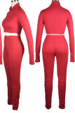 Red Sexy Solid Patchwork Turtleneck Long Sleeve Two Pieces