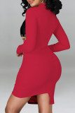 Rode mode sexy patchwork uitgeholde asymmetrische O-hals jurken met lange mouwen