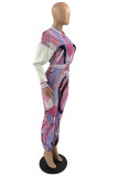 Pink Fashion Casual Print Cardigan Pants Long Sleeve Two Pieces