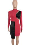 Rode mode sexy patchwork uitgeholde asymmetrische O-hals jurken met lange mouwen