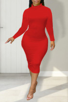 Red Casual Solid Patchwork Turtleneck Pencil Skirt Dresses