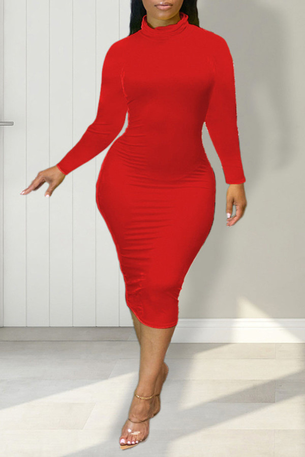 赤 カジュアル ソリッド パッチワーク タートルネック ペンシル スカート ドレス