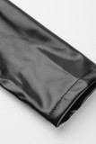Bandagem preta moda casual sólida vazada meia manga longa gola alta duas peças