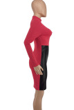 Patchwork sexy de mode rouge évidé robes asymétriques à manches longues à col rond