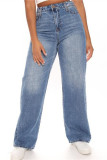 Azul Moda Casual Sólido Básico Cintura Alta Jeans Regular
