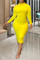 Yellow Casual Solid Split Joint Turtleneck Pencil Skirt Dresses