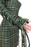 Verde oliva sexy xadrez estampado retalhos frênulo dobra o pescoço vestidos de saia de um passo
