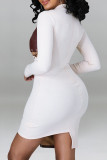 Vestidos brancos moda sexy patchwork vazado assimétrico com decote em O mangas compridas