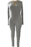 Grey Fashion Casual Solid Basic U Neck Regular Jumpsuits