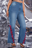 Deep Blue Casual Street Solid Patchwork Plus Size Jeans