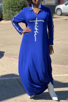 ブルー カジュアル ブリティッシュ スタイル プリント パッチワーク ジッパー カラー ストレート プラス サイズ ドレス