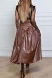 Deep Coffee Fashion Casual Solid Basic Regular High Waist Skirt