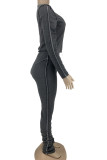 Grey Casual Solid Patchwork Fold O Neck Long Sleeve Two Pieces