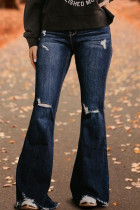 Dark Blue Fashion Casual Solid Ripped High Waist Regular Flare Leg Denim Jeans